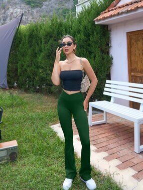 OQQ Ribbed Cross Over High Waist Lounge Pants- Darkgreen